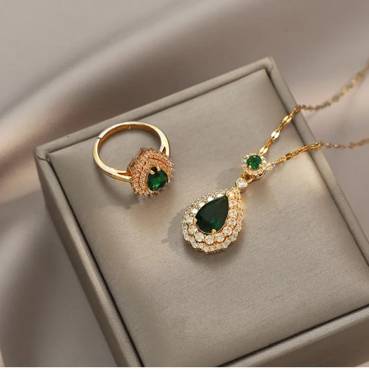 2pcs/set Jewelry Sets Women Elegant Waterdrop Green Rhinestone Pendant Tear Necklace Rings Wedding Dress Bridal Jewelry Set