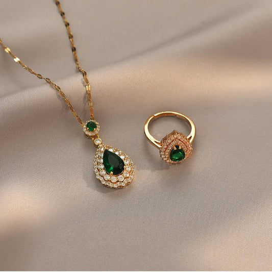 2pcs/set Jewelry Sets Women Elegant Waterdrop Green Rhinestone Pendant Tear Necklace Rings Wedding Dress Bridal Jewelry Set